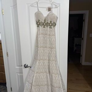 Rachel Allan Cream Strapless Dress with Green Embellishments